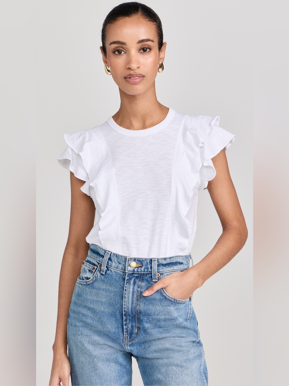 Veronica Beard Jeans Bea Short Sleeve Ruffle Tee White Size Small